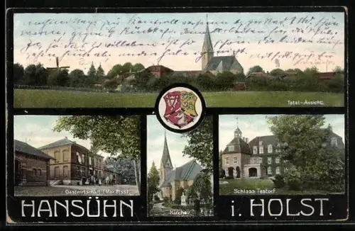 AK Hansühn i. Holst., Gasthaus von Max Biss, Schloss Testorf und Kirche