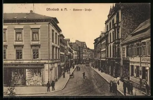 AK Offenbach a. M., Partie in der Bieberer-Strasse mit Strassenbahn und Gasthaus