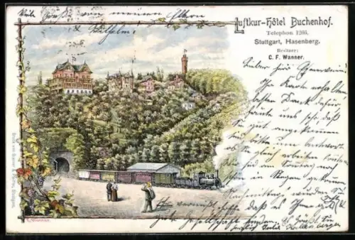 Lithographie Stuttgart-Hasenberg, Hôtel Buchenhof, Motiv mit Eisenbahn