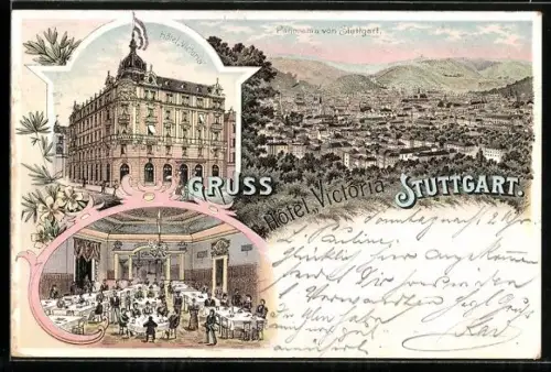 Lithographie Stuttgart, Hotel Victoria, Panoramablick auf die Stadt