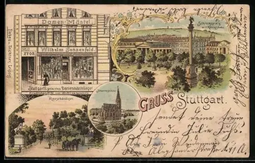 Lithographie Stuttgart, Schlossplatz mit Königsbau, Damen-Mäntelgeschäft von Wilhelm Sonnenfeld