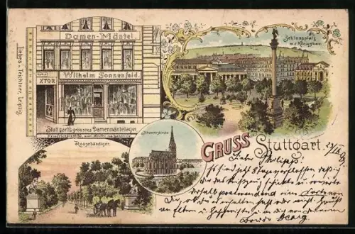 Lithographie Stuttgart, Schlossplatz mit Königsbau, Damen-Mäntel von Wilhelm Sonnenfeld