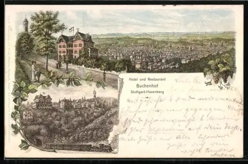 Lithographie Stuttgart-Hasenberg, Hotel & Restaurant Buchenhof, Eisenbahn