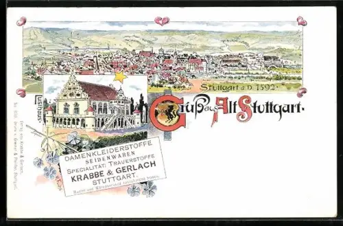 Lithographie Stuttgart, Totalansicht und Lusthaus für Damenkleiderstoffe von Krabbe & Gerlach
