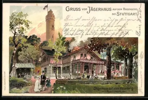 Lithographie Stuttgart, Jägerhaus auf dem Hasenberg mit Aussichtsturm