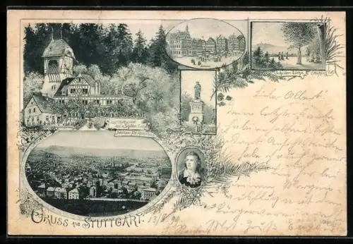Lithographie Stuttgart, Panorama mit Marktplatz, Hotel zur Schiller-Eiche