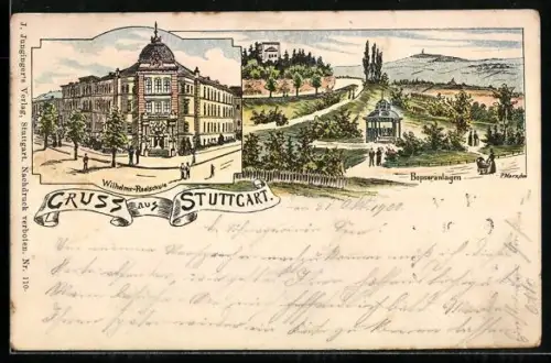 Lithographie Stuttgart, Partie an der Wilhelms-Realschule und Bopseranlagen