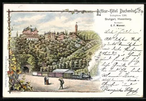 Lithographie Stuttgart-Hasenberg, Hôtel Buchenhof, Motiv mit Eisenbahn