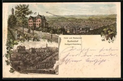 Lithographie Stuttgart-Hasenberg, Hotel & Restaurant Buchenhof, Eisenbahn