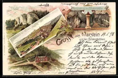 Lithographie Warstein, Parthien aus den Bilsteinhöhlen, Restauration und Museum, Bilstein-Felsen