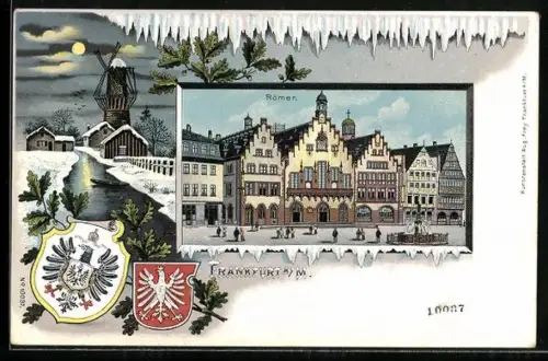 Winter-Lithographie Alt-Frankfurt, Partie am Römer mit Wappen und Mühle bei Nacht