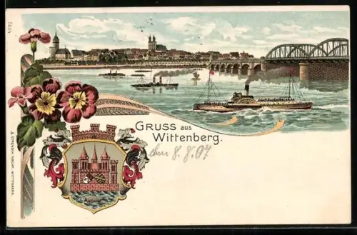 Lithographie Wittenberg / Halle, Ortspanorama mit Raddampfer und Brücke, Wappen
