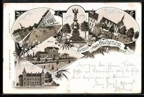 Lithographie Bockenem, Marktplatz, Bahnhof, Post und Bankhaus, Kirche