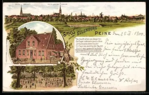 Lithographie Peine, Gasthof zur Eulenburg, Panorama mit Kirchen