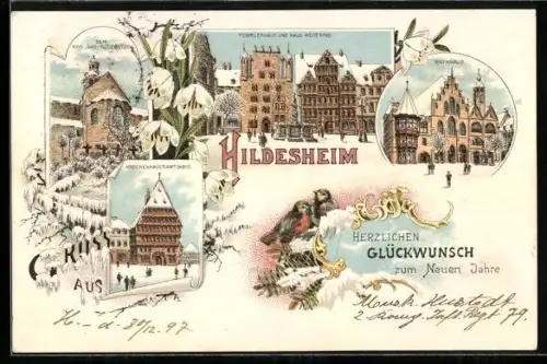 Winter-Lithographie Hildesheim, Knochenhaueramtshaus, Templerhaus und Haus Wedekind, Rathaus