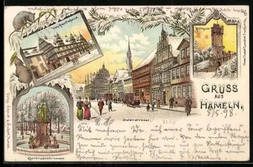 Winter-Lithographie Hameln, Osterstrasse Klütthurm, Hochzeitshaus, Gertrudebrunnen