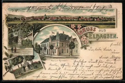 Lithographie Eldagsen / Springe, Post und Ratskeller, Kriegerdenkmal, Langensalza-Denkmal