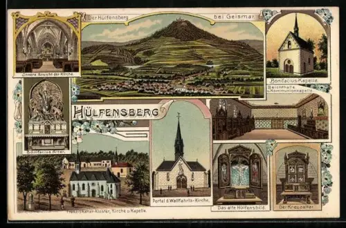 Lithographie Geismar / Eichsfeld, Bonifacius Kapelle, Kreuzaltar, Hülfensbild, Hülfensberg, Beichthalle