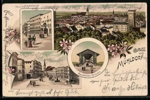 Lithographie Mühldorf a / Inn, Marktplatz, Rathaus, Maximilian-Brücke