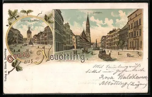 Lithographie Neuötting, Stadtplatz und Unteres Stadttor
