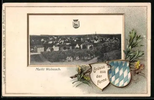 Passepartout-Lithographie Wolnzach, Ortsansicht aus der Vogelschau, Wappen und Eichenzweig