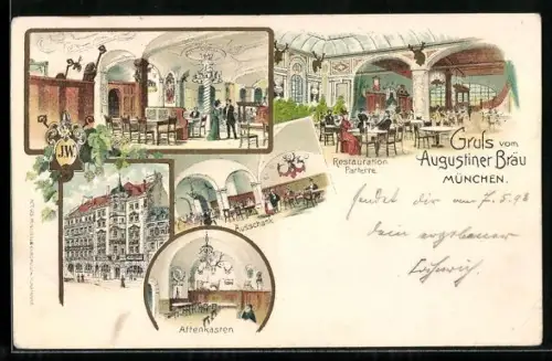 Lithographie München, Augustiner Bräu mit Affenkasten, Neuhauser Strasse