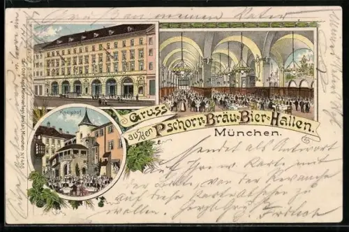 Lithographie München, Pschorr-Bräu-Bier-Hallen, Neuhauser Strasse, Innenansicht, Kneiphof
