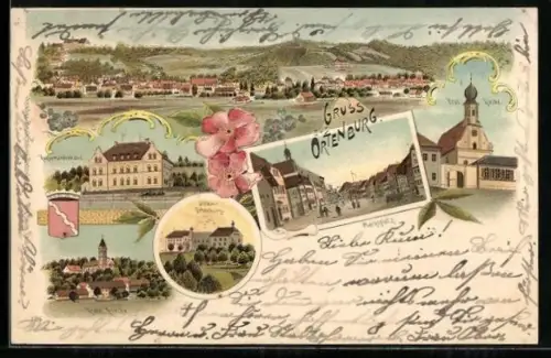 Lithographie Ortenburg, Prot.Kirche, Marktplatz, Kath. Kirche, Schloss, Konfirmandenhaus, Ortsansicht