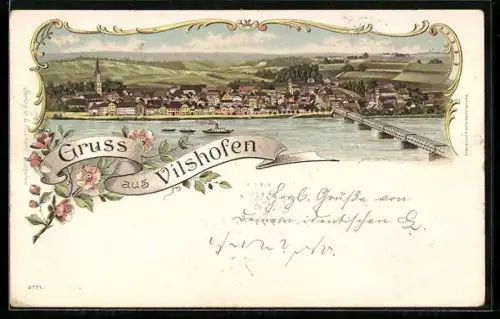 Lithographie Vilshofen, Ortsansicht mit Flusspartie