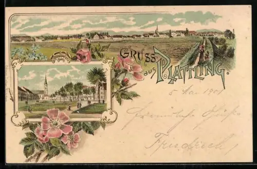 Lithographie Plattling, Ortspartie und Totalansicht, Wildrosen