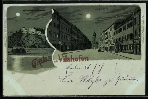 Mondschein-Lithographie Vilshofen, Ruine Hilgartsberg und Stadtplatz