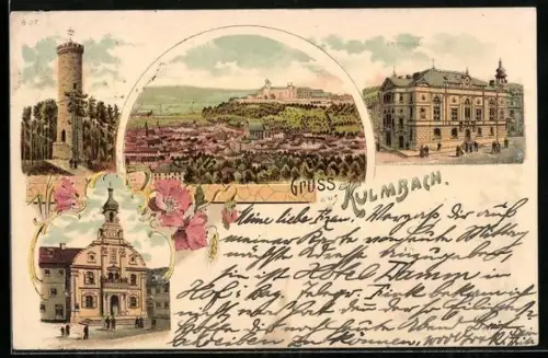 Lithographie Kulmbach, Rathaus, Vereinshaus und Totalansicht