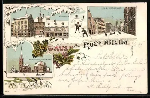 Winter-Lithographie Rosenheim, Heilig Geiststrasse, Mitterthor, Kirche