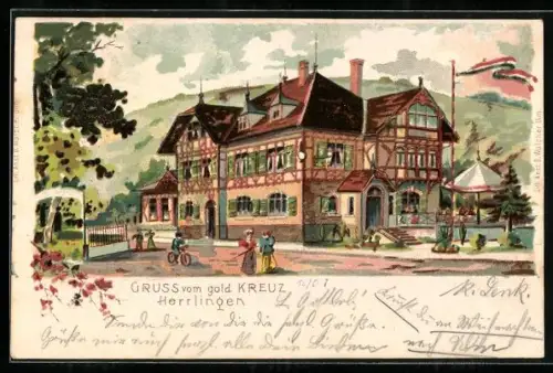 Lithographie Herrlingen, Gasthaus goldenes Kreuz und Radfahrer