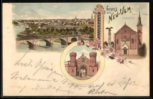 Lithographie Neu-Ulm, Kath. Kirche und Kriegerdenkmal, Portal der Friedenskaserne