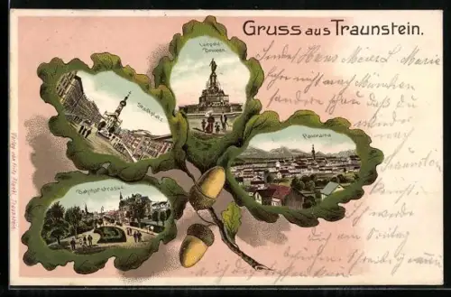 Passepartout-Lithographie Traunstein, Bahnhofstrasse, Stadtplatz und Luitpold-Brunnen