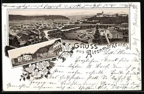Vorläufer-Lithographie Altenmarkt a. d. Alz, 1894, Totalansicht und Ortspartie