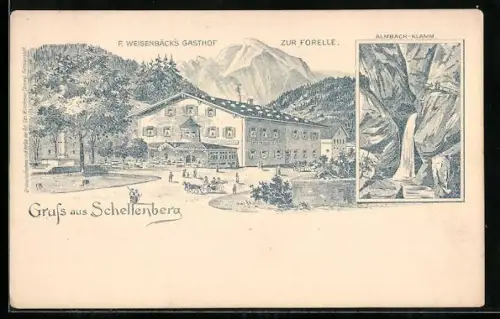 Lithographie Schellenberg / Obb., F. Weisenbäck`s Gasthof zur Forelle, Almbach-Klamm
