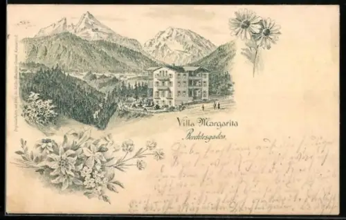 Lithographie Berchtesgaden, Villa Margarita mit Bergpanorama