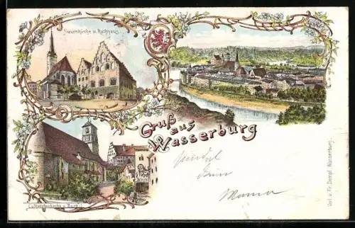 Lithographie Wasserburg / Inn, Frauenkirche und Rathaus, Stadtpfarrkirche