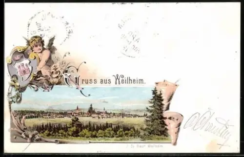 Lithographie Weilheim / Obb., Panorama, Engel mit Wappen