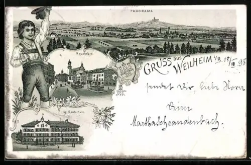 Lithographie Weilheim / Obb., Panorama, Hauptplatz, Kgl. Realschule