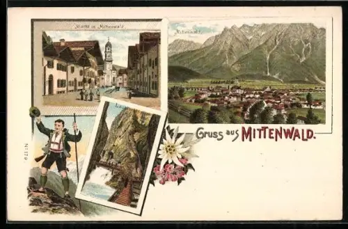 Lithographie Mittenwald, Markt, Ortsansicht, Wanderer