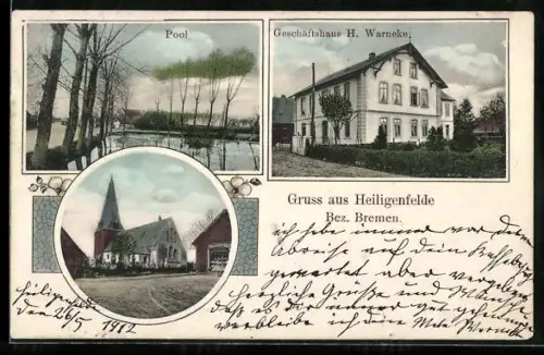 AK Heiligenfelde / Bremen, Geschäftshaus H. Warneke, Kirche und Geschäft, Pool