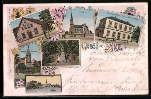 Lithographie Syke, Wolters Gasthof, Kirche, Koldehofes Obstgarten, Mühlenteich mit Kirche