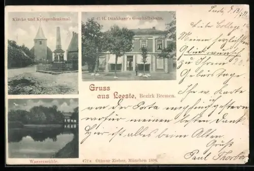 AK Leeste /Bremen, Kirche und Kriegerdenkmal und Geschäft von C.H. Dunkhase