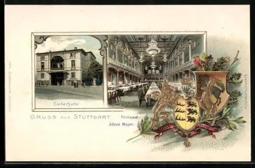 Passepartout-Lithographie Stuttgart, Gasthof Liederhalle mit Innenansicht des Festsaals, Wappen