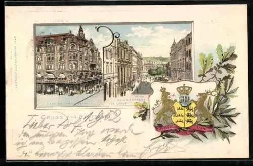 Passepartout-Lithographie Stuttgart, Café Friedrichsbau, Blick von der Café-Terrasse, Württbg. Wappen