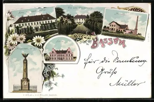 Lithographie Bassum, Molkerei, Abtei des adel. Stiftes, Kriegerdenkmal