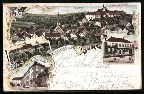Lithographie Iburg, Hotel Gersemann, Schlossplatz, Schloss & Kloster, Totalansicht aus der Vogelschau